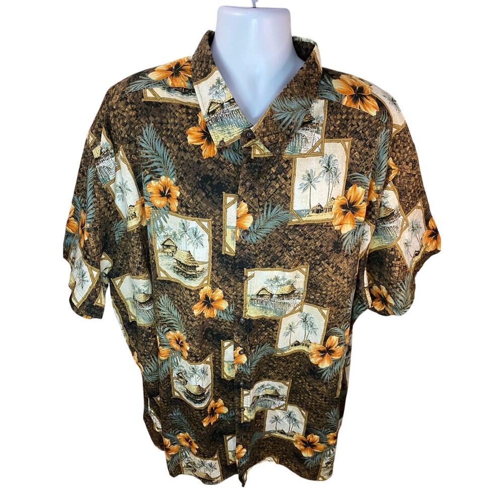 HARBOR BAY Brown Hawaiian Button-Up Shirt — 5XL